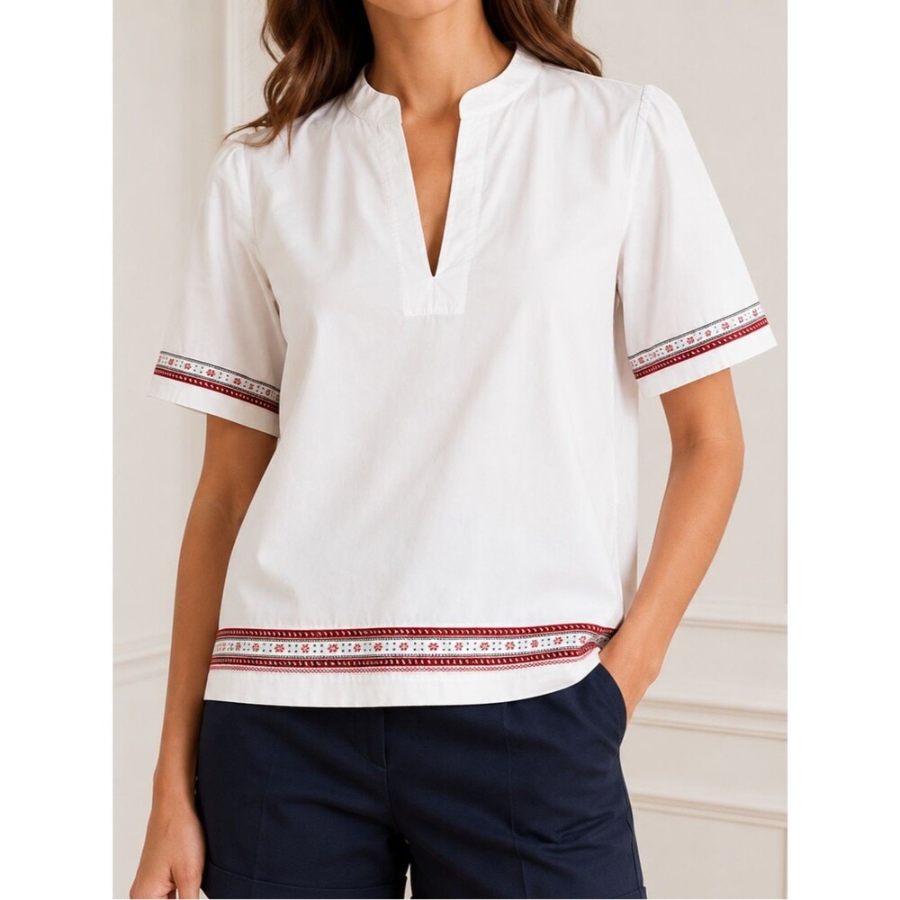 Tory Burch Embroidered Trim Popover Blouse Top White Red Cotton Sz 6 Boho Preppy